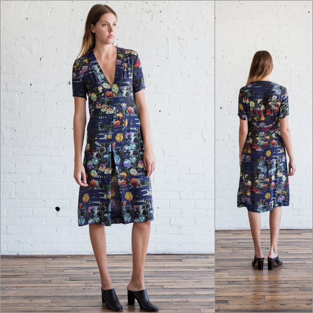 RAQUEL ALLEGRA Trapunto Deep V Dress 100% Silk Rainbow Forrest sz 0